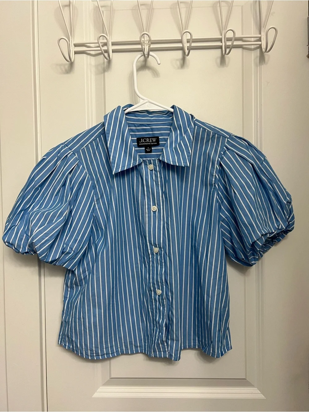 J. Crew Blue and White Striped Bubble Sleeve Button-Down Shirt - Picture 1 of 3